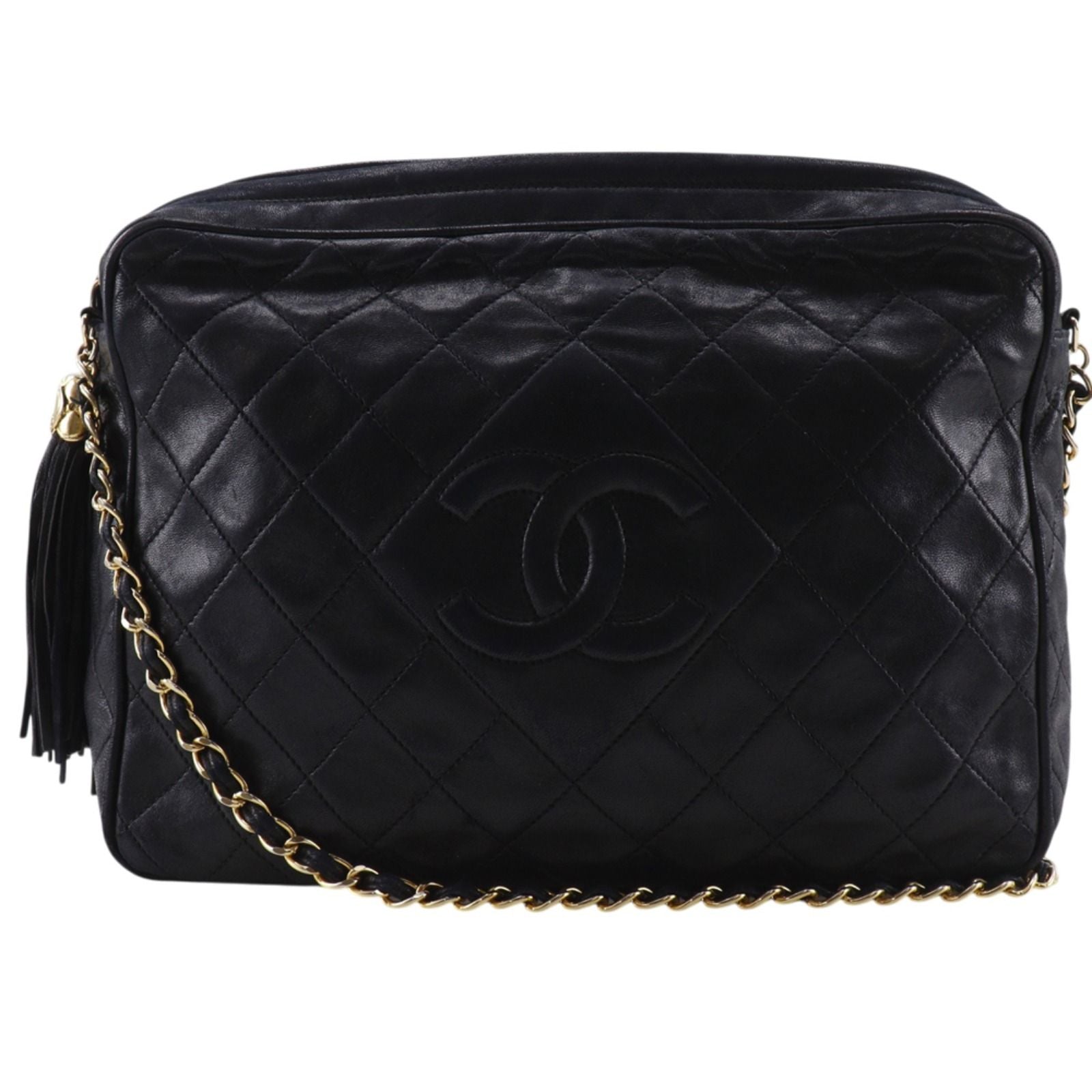 Chanel Chain Shoulder Bag with Fringe Quilted Vintage Calfskin Black