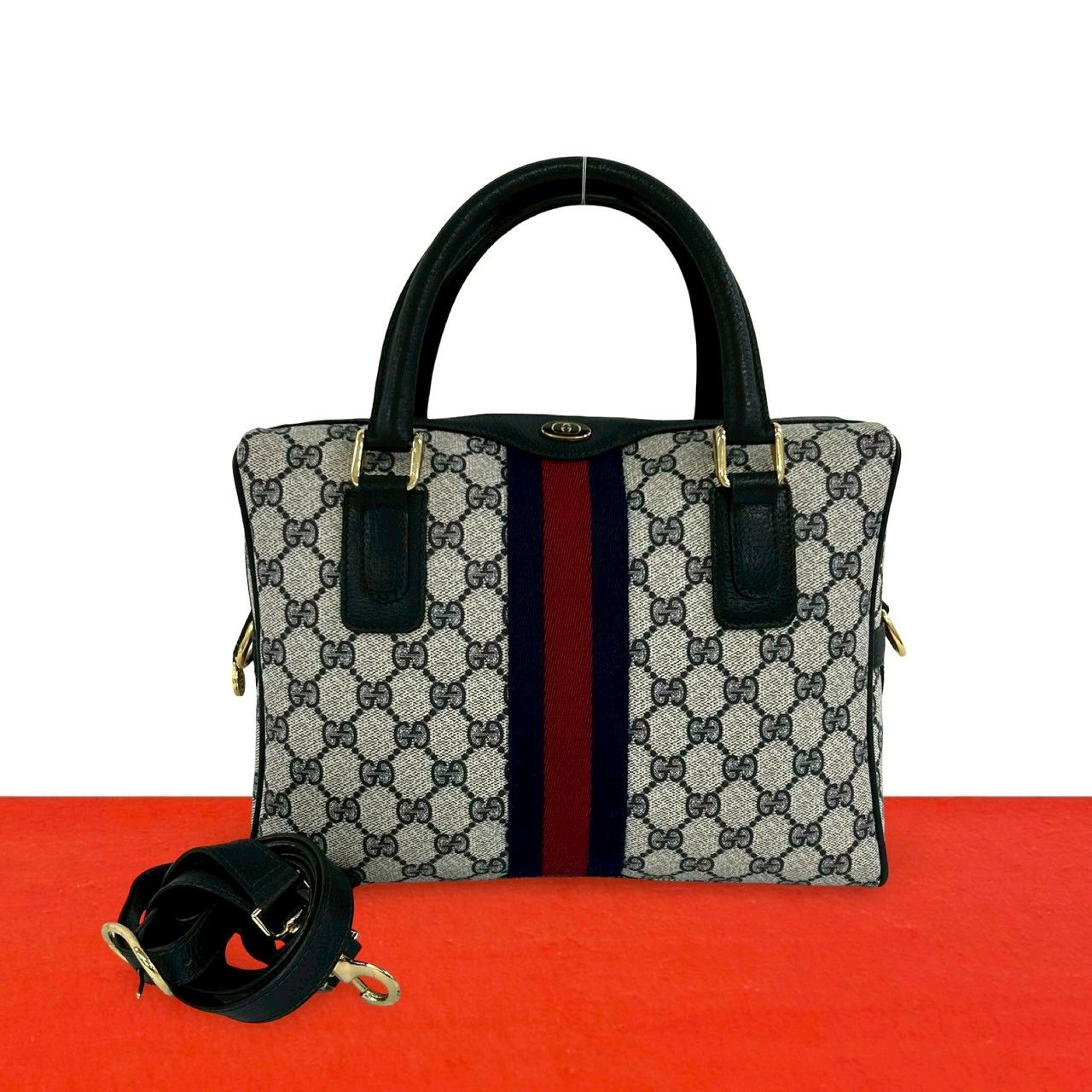 Gucci Vintage Sherry Line GG Logo Pattern Leather 2-Way Shoulder Bag Navy