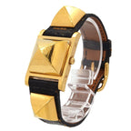 Hermes Medor Vintage Watch Pyramid Gold Studs White Leather Quartz — view 2