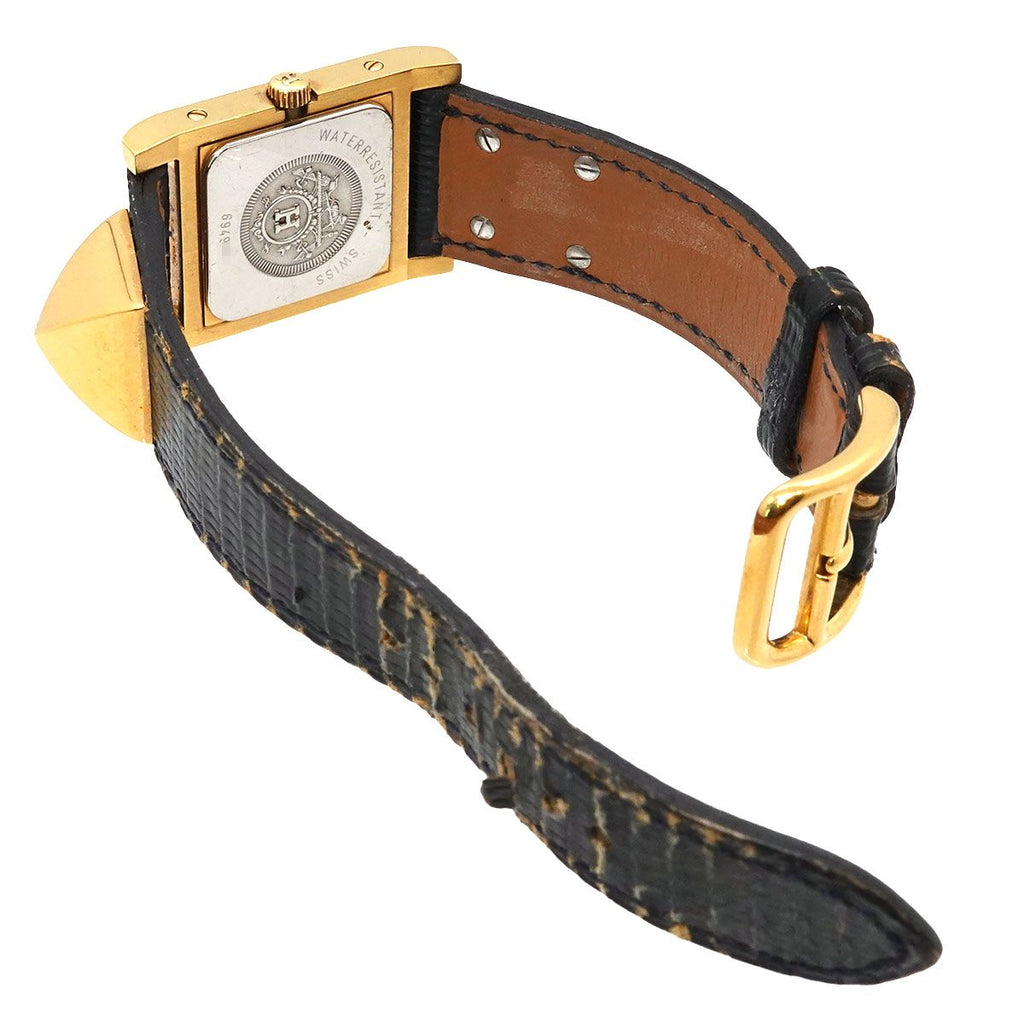 Hermes Medor Vintage Watch Pyramid Gold Studs White Leather Quartz — view 4