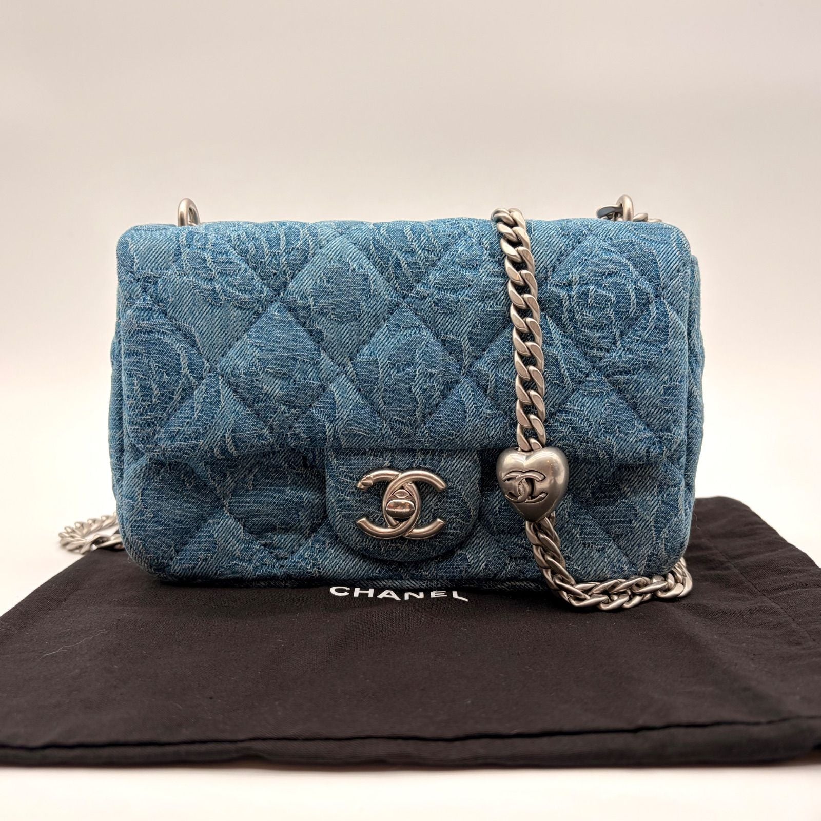 Chanel Shoulder Bag Mini Quilted Denim Heart Camellia CC Logo Turnlock Chain