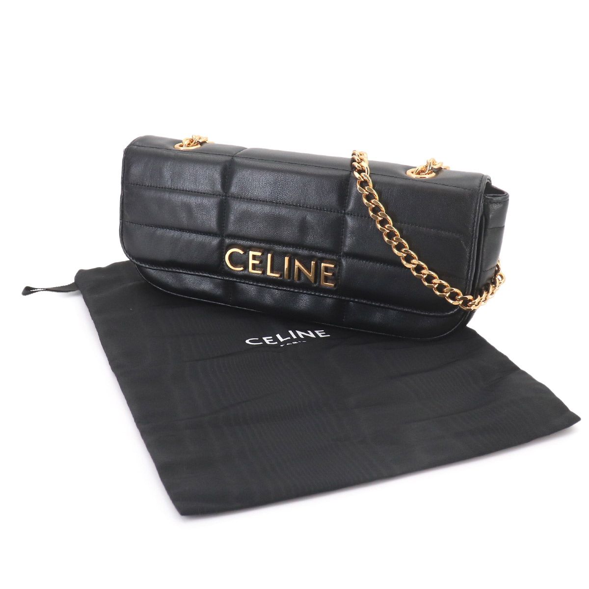 Celine Matelasse Monochrome Chain Shoulder Bag Leather Black Gold — view 2