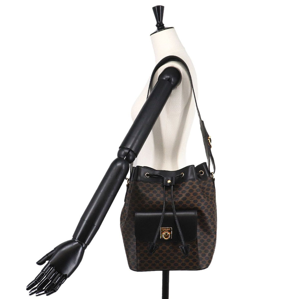 Celine Macadam Drawstring Shoulder Bag Leather Black Brown Gold Vintage — view 9