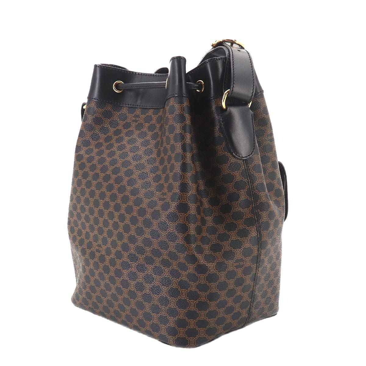 Celine Macadam Drawstring Shoulder Bag Leather Black Brown Gold Vintage — view 3
