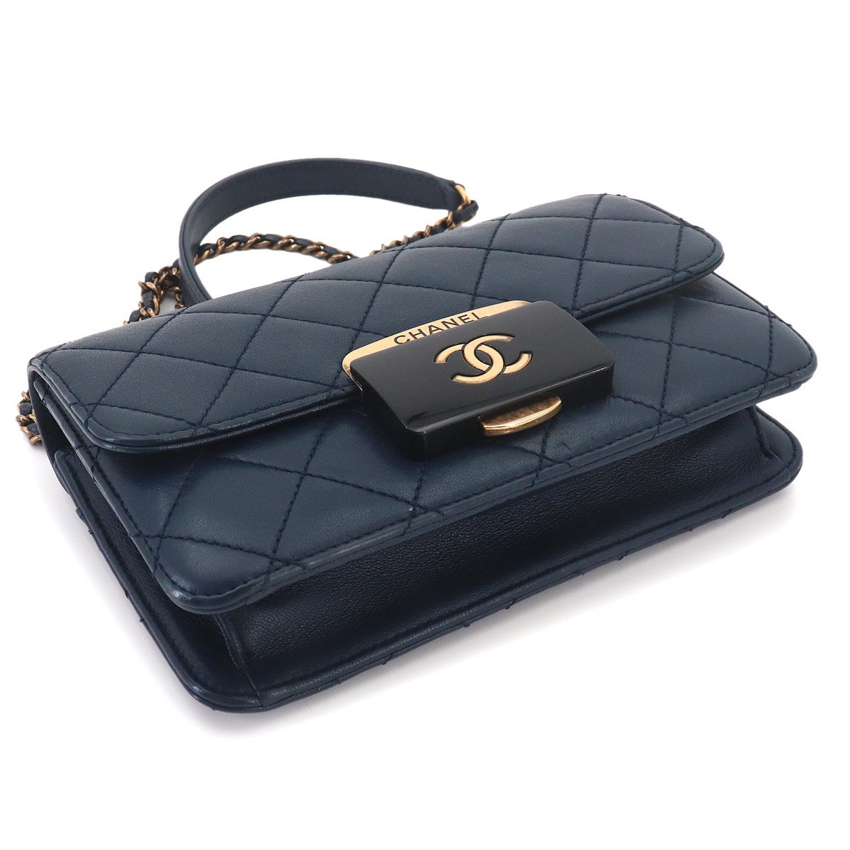Chanel Beauty Lock Chain Shoulder Bag Leather Navy Gold — view 4