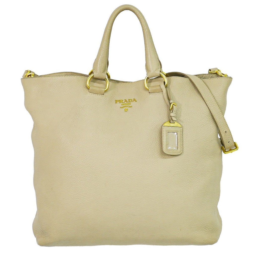 Prada Leather 2-Way Shoulder Bag Tote Beige