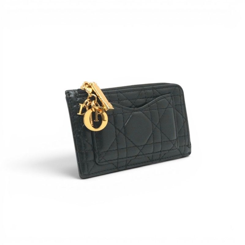 Dior Wallet Coin Case Black Gold Lady Cosmos Cannage Fragment Card