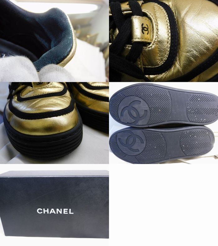 Chanel 37 Low Cut Sneakers Leather Gold Logo CC — view 5