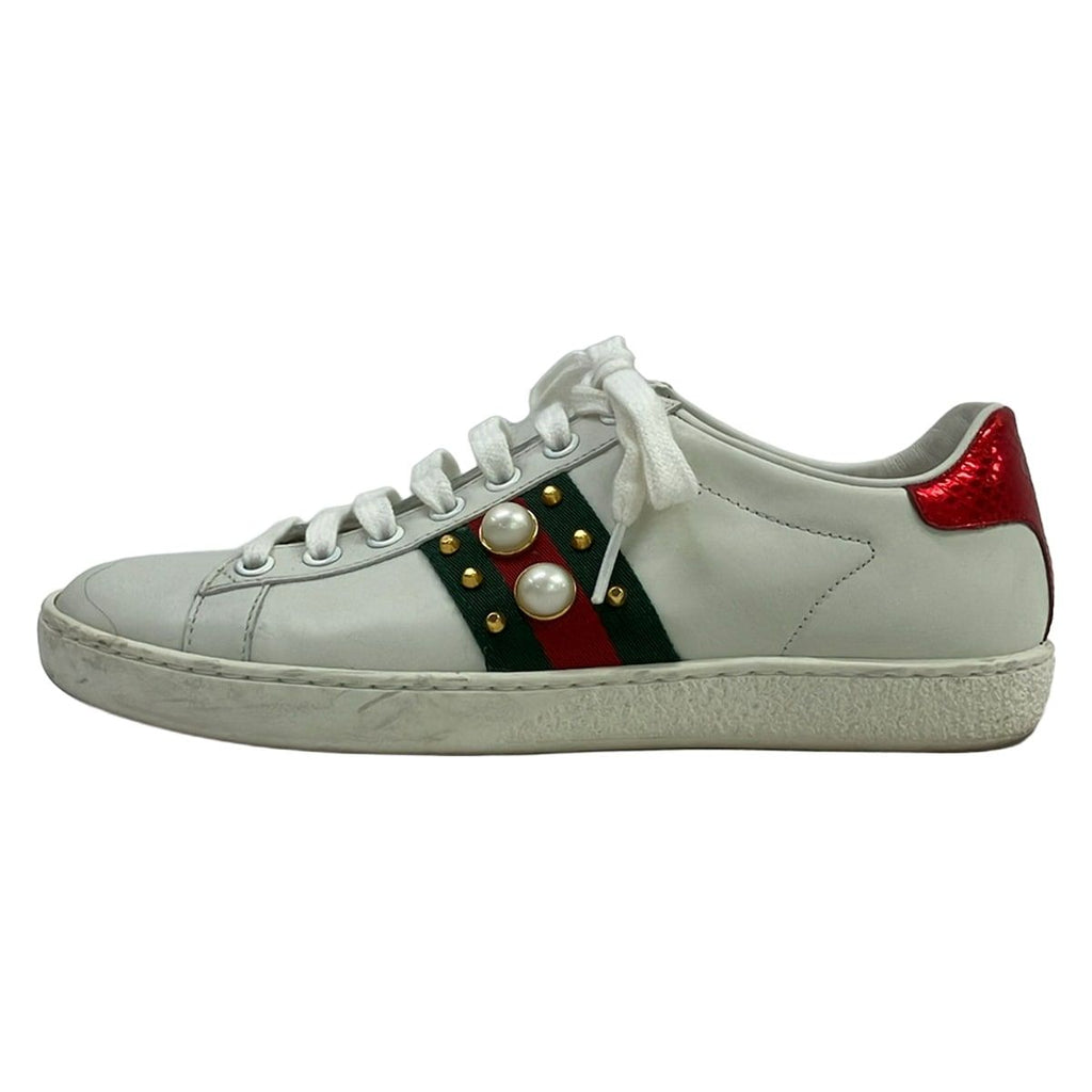 Gucci Sneakers 36 White Dark Green Red Pearl Studs Leather