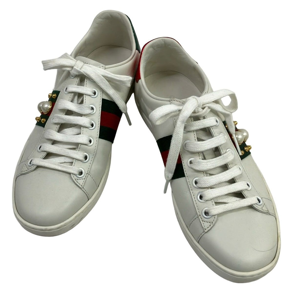 Gucci Sneakers 36 White Dark Green Red Pearl Studs Leather — view 2