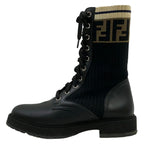 Fendi Short Boots 36 Rococo Stretch Fabric Biker Black Beige Ivory Lace