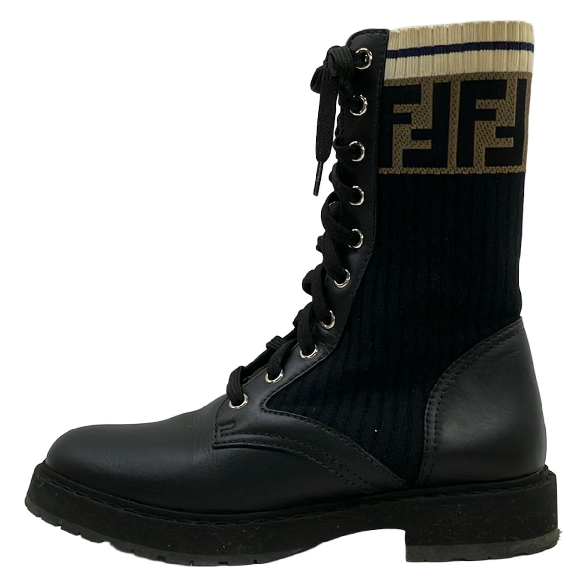 Fendi Short Boots 36 Rococo Stretch Fabric Biker Black Beige Ivory Lace