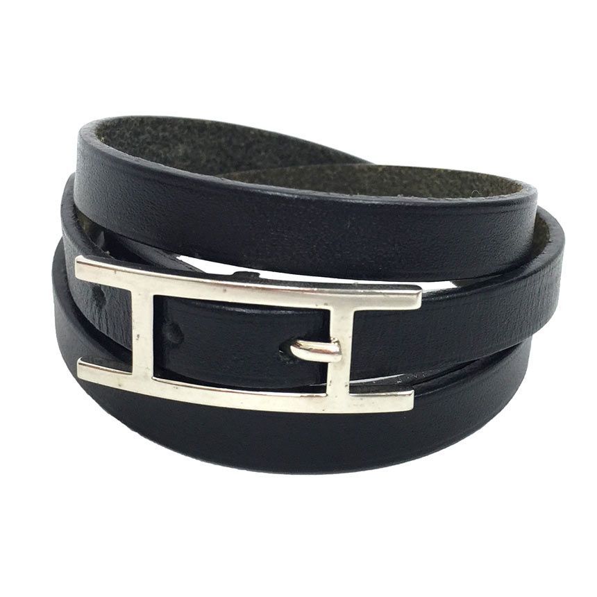 Hermes Hapi 3 Leather Bracelet Choker Long Black Silver