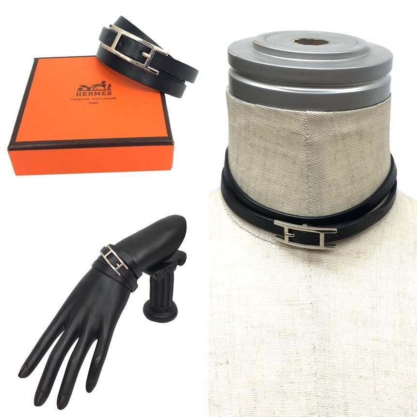 Hermes Hapi 3 Leather Bracelet Choker Long Black Silver — view 2