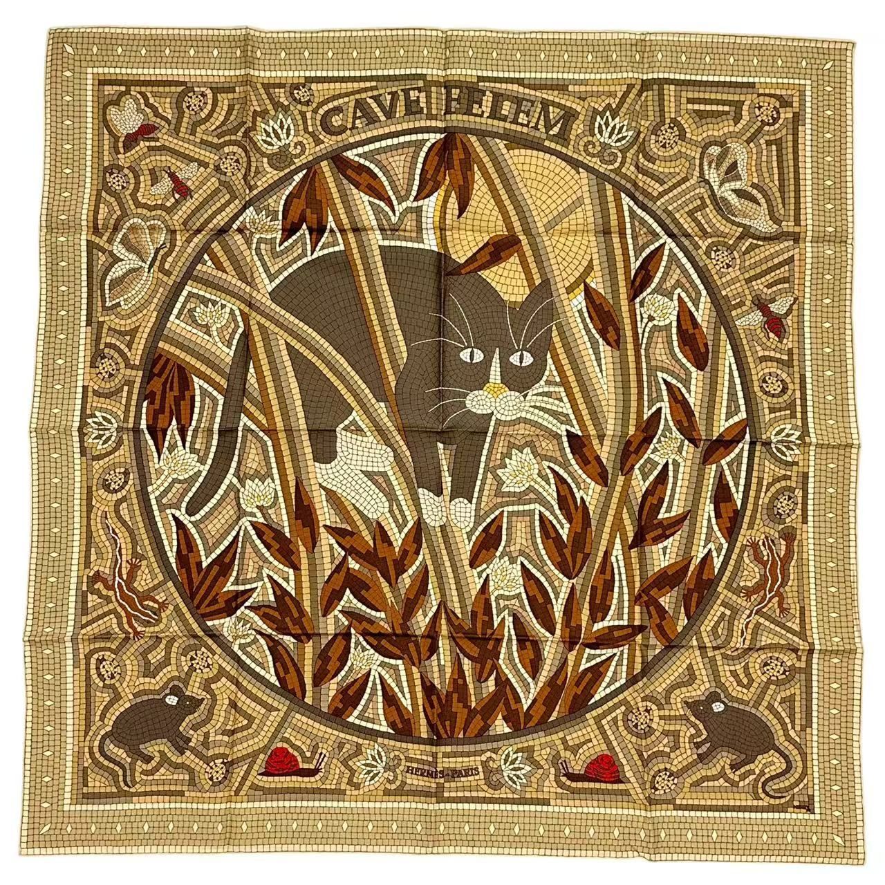 Hermes Carre 90 Scarf Silk Cave Felem Beware of Cats Beige — view 2