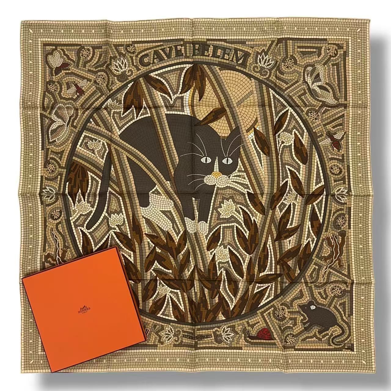 Hermes Carre 90 Scarf Silk Cave Felem Beware of Cats Beige