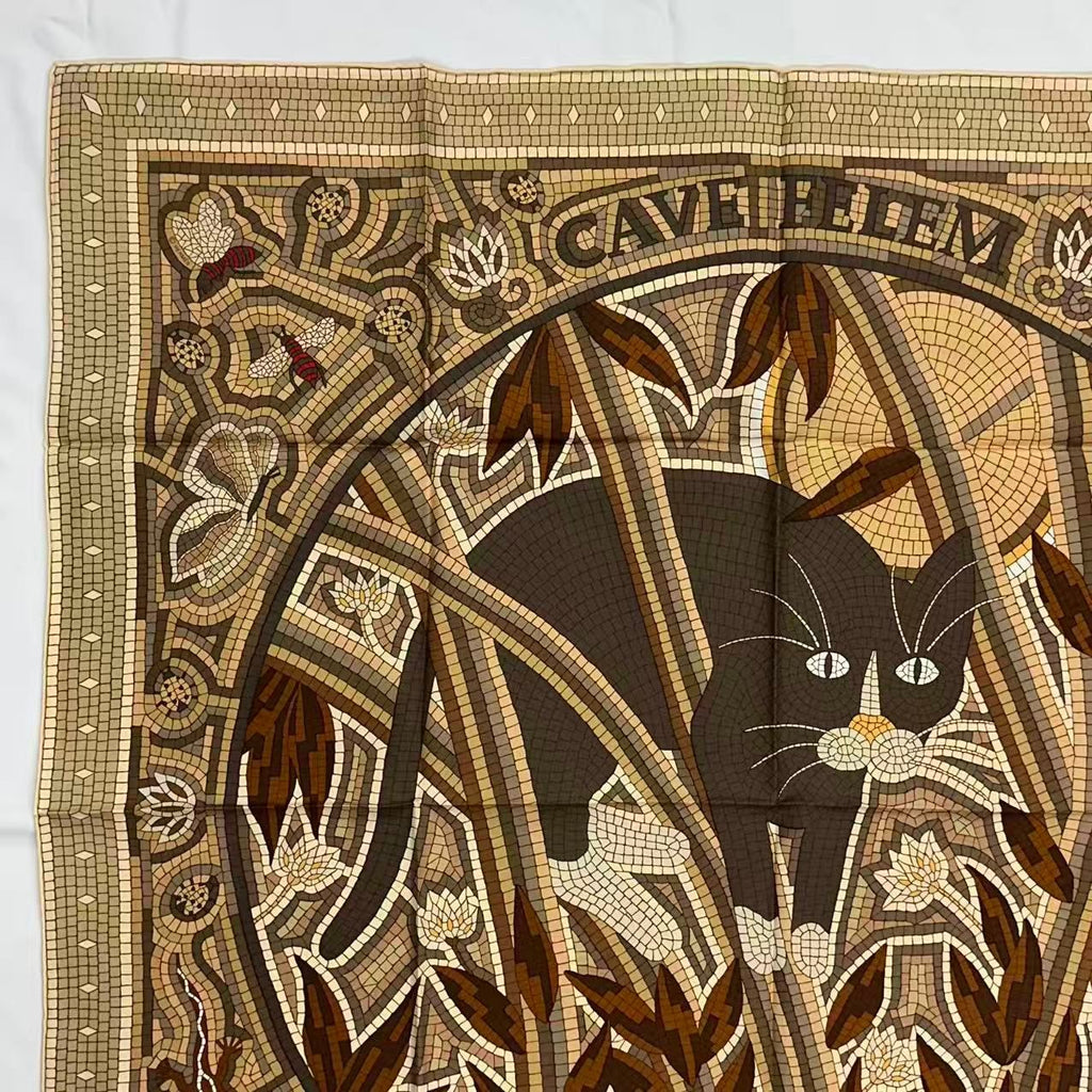 Hermes Carre 90 Scarf Silk Cave Felem Beware of Cats Beige — view 4