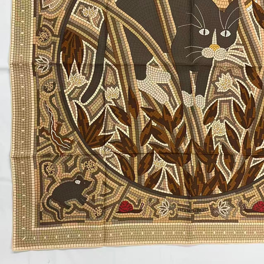 Hermes Carre 90 Scarf Silk Cave Felem Beware of Cats Beige — view 6