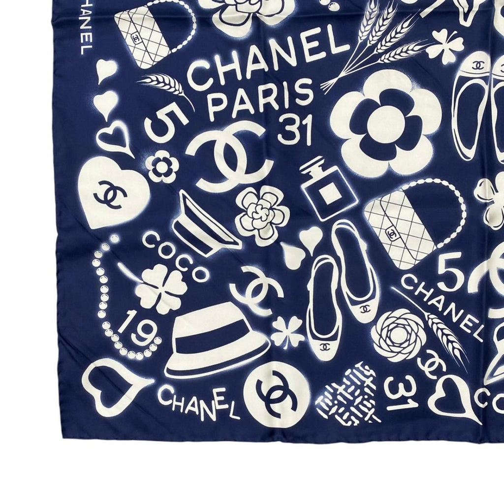 Chanel Silk Scarf CC Logo Camellia Navy Blue White — view 5