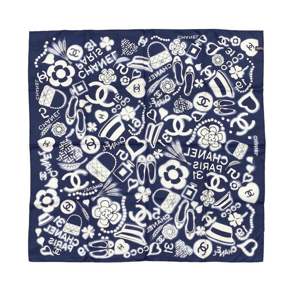 Chanel Silk Scarf CC Logo Camellia Navy Blue White — view 2