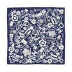 Chanel Silk Scarf CC Logo Camellia Navy Blue White — view 2