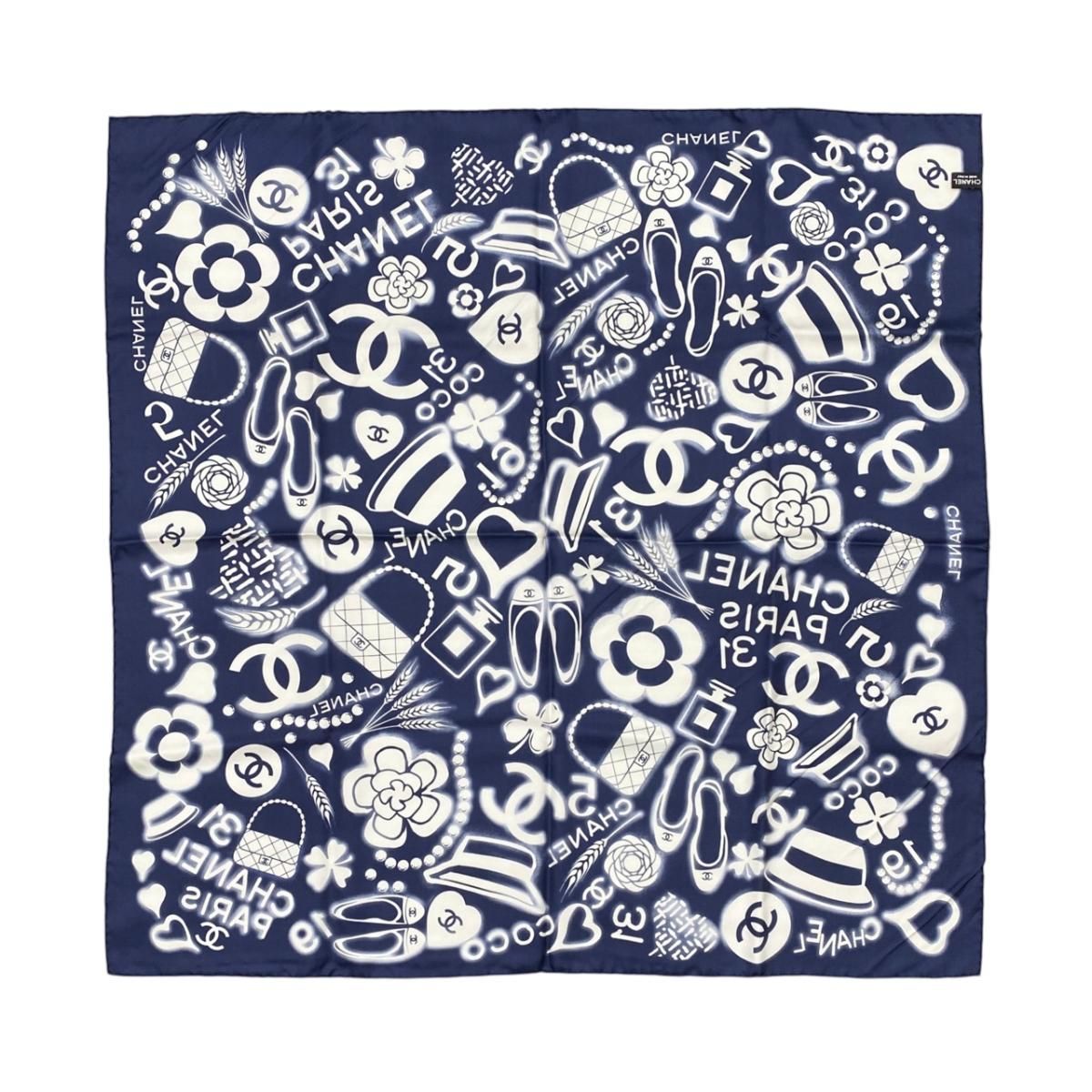 Chanel Silk Scarf CC Logo Camellia Navy Blue White — view 2