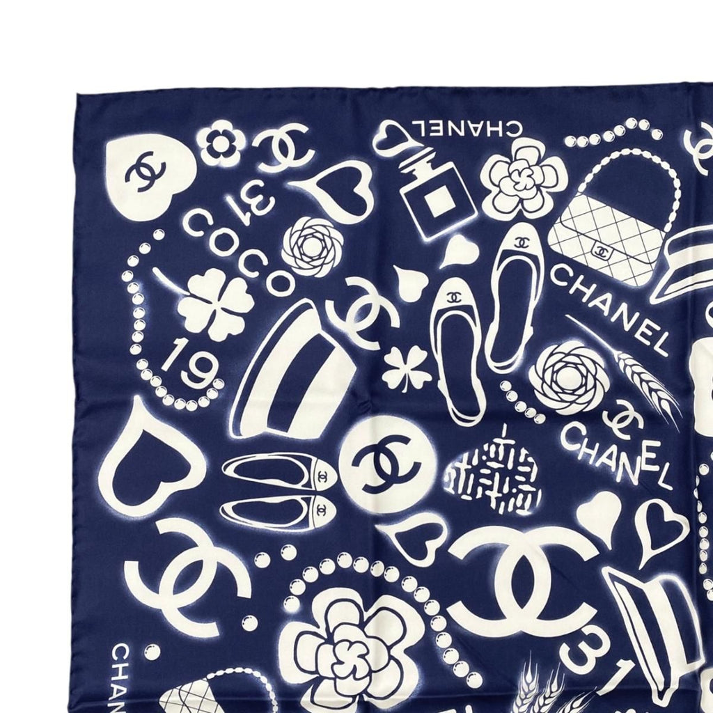 Chanel Silk Scarf CC Logo Camellia Navy Blue White — view 3
