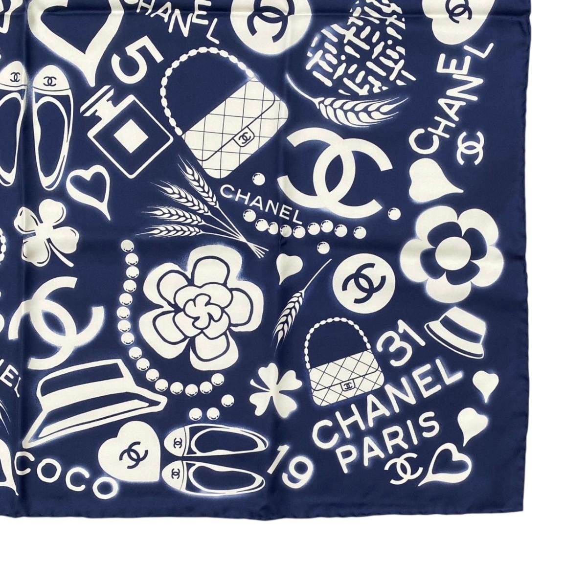 Chanel Silk Scarf CC Logo Camellia Navy Blue White — view 6