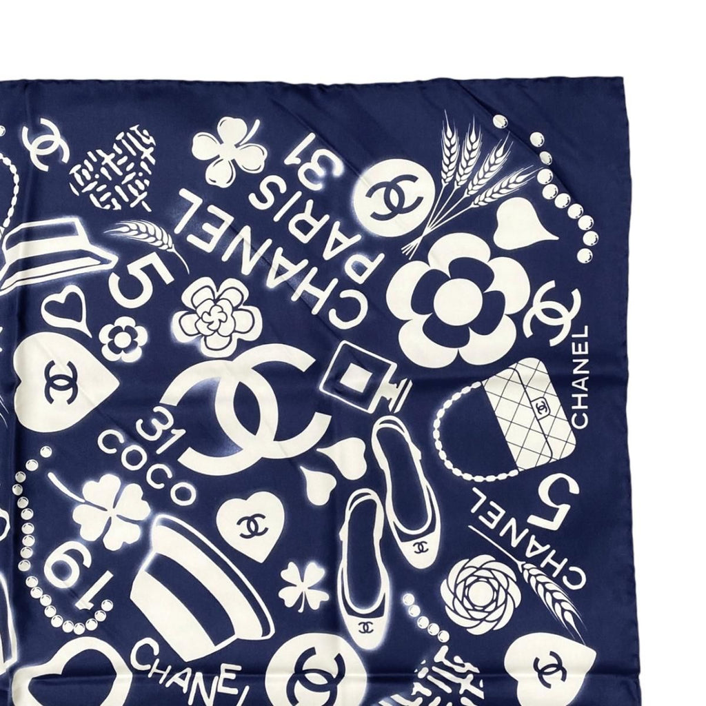 Chanel Silk Scarf CC Logo Camellia Navy Blue White — view 4