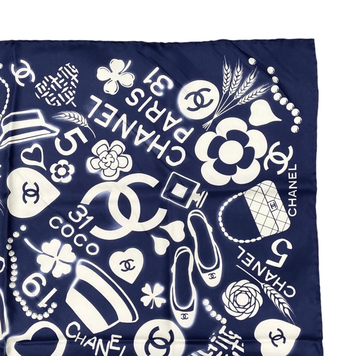 Chanel Silk Scarf CC Logo Camellia Navy Blue White — view 4