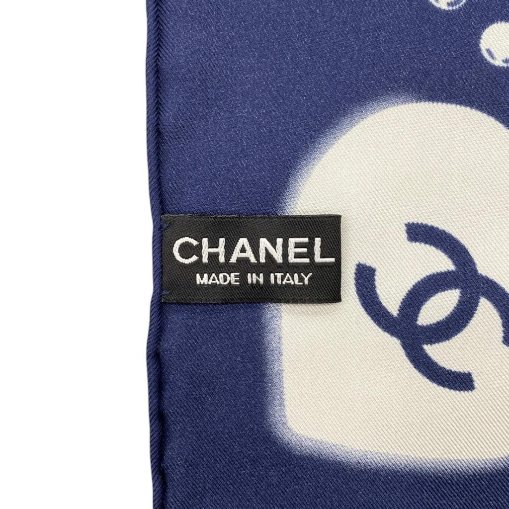 Chanel Silk Scarf CC Logo Camellia Navy Blue White — view 7