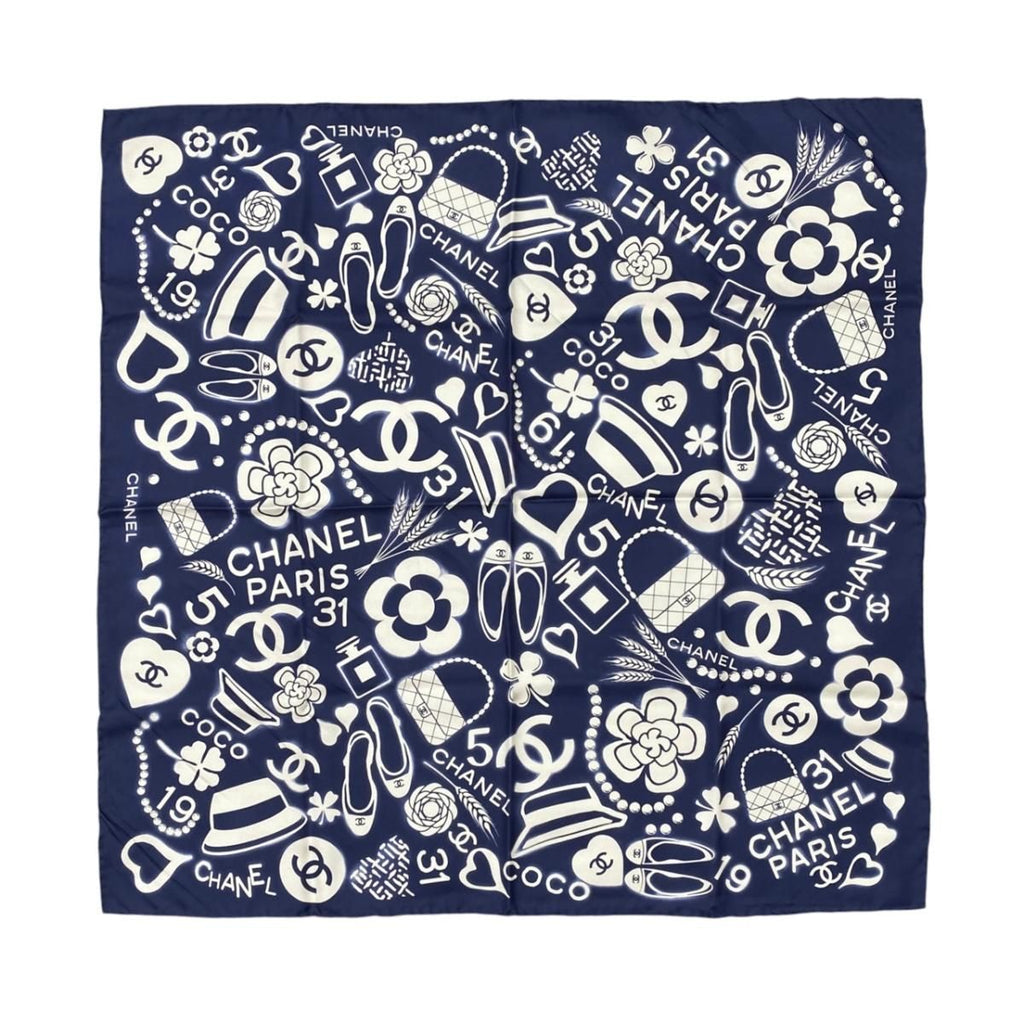 Chanel Silk Scarf CC Logo Camellia Navy Blue White