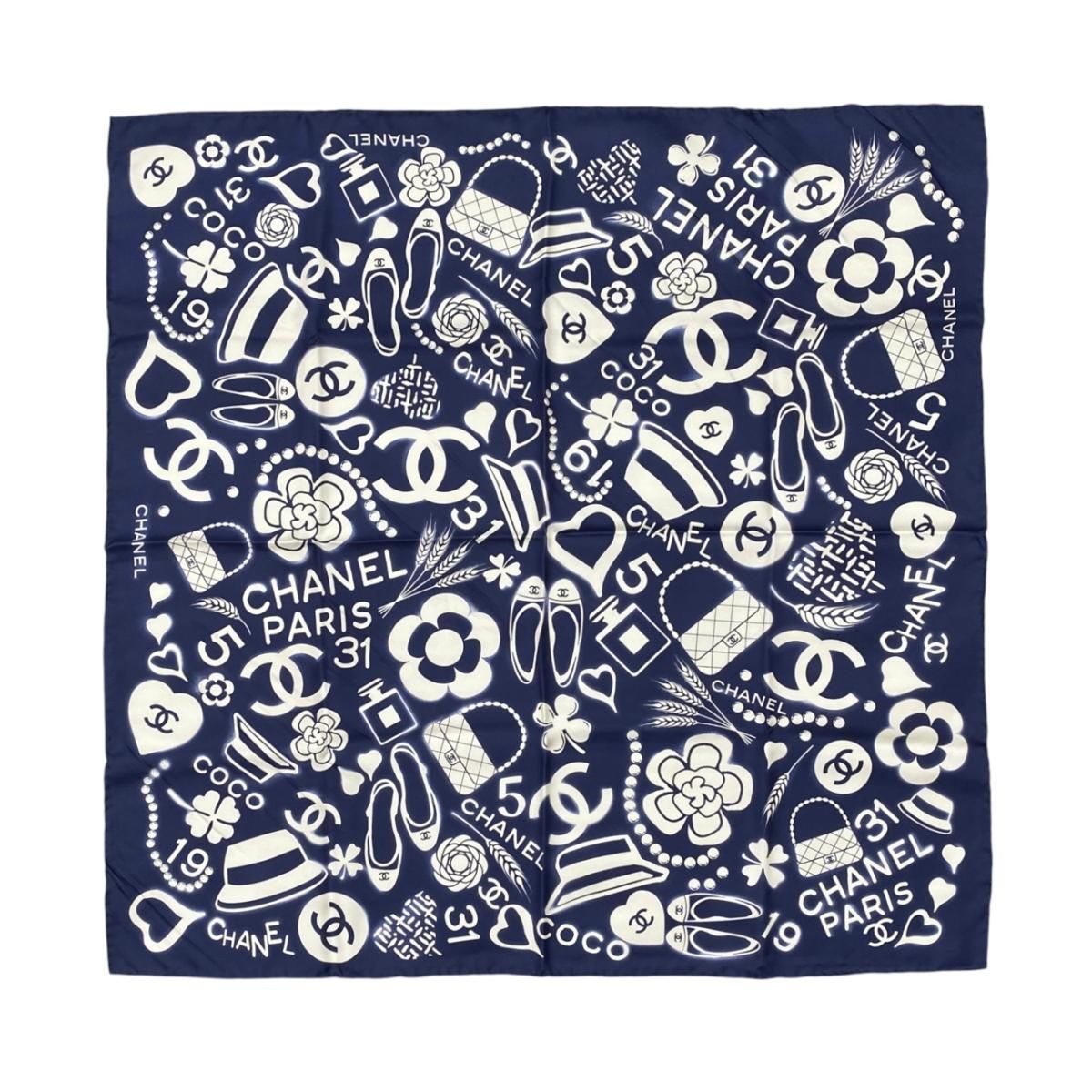 Chanel Silk Scarf CC Logo Camellia Navy Blue White