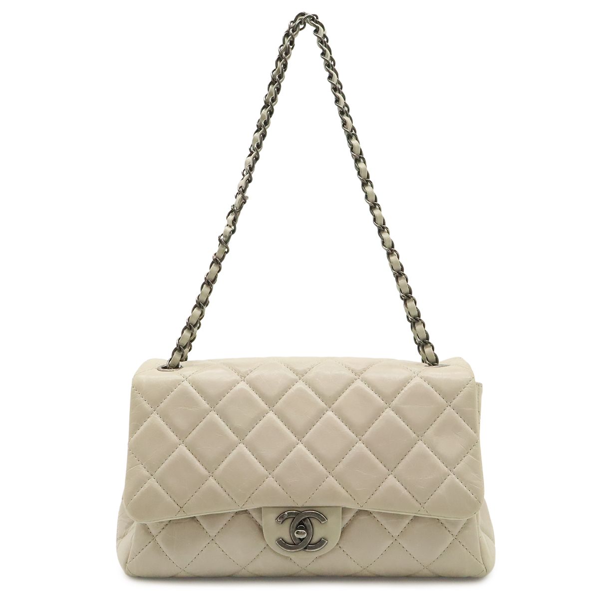 Chanel Quilted Chain Shoulder Bag Aged Calfskin Leather Sand Beige