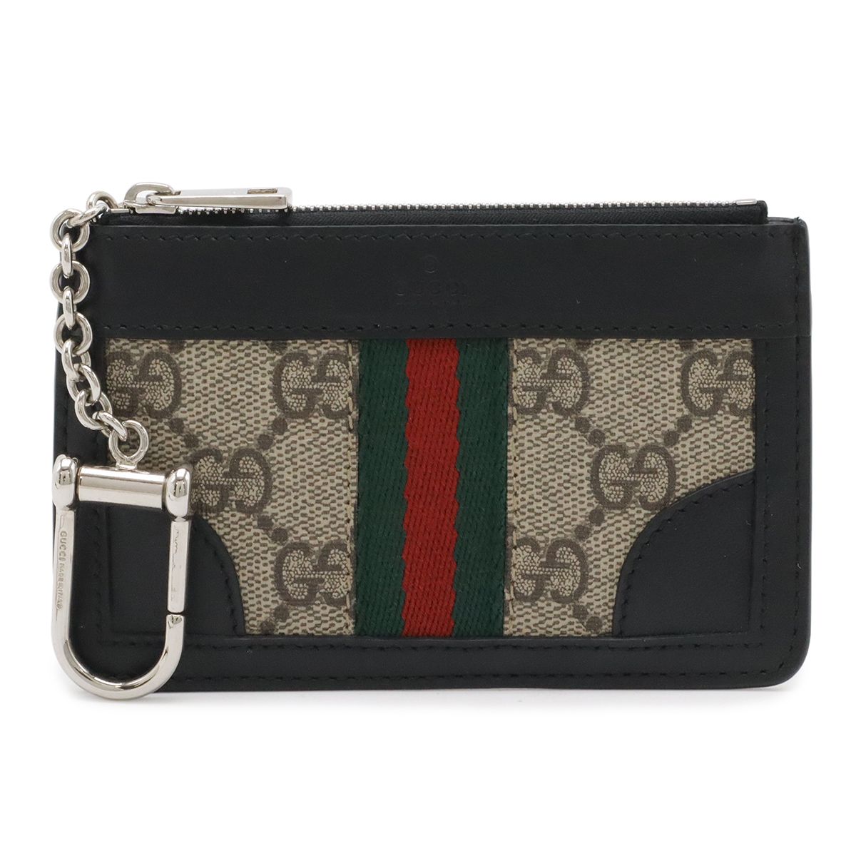 Gucci GG Supreme Webbing Line Sherry Coin Purse Leather Black with Key Hook