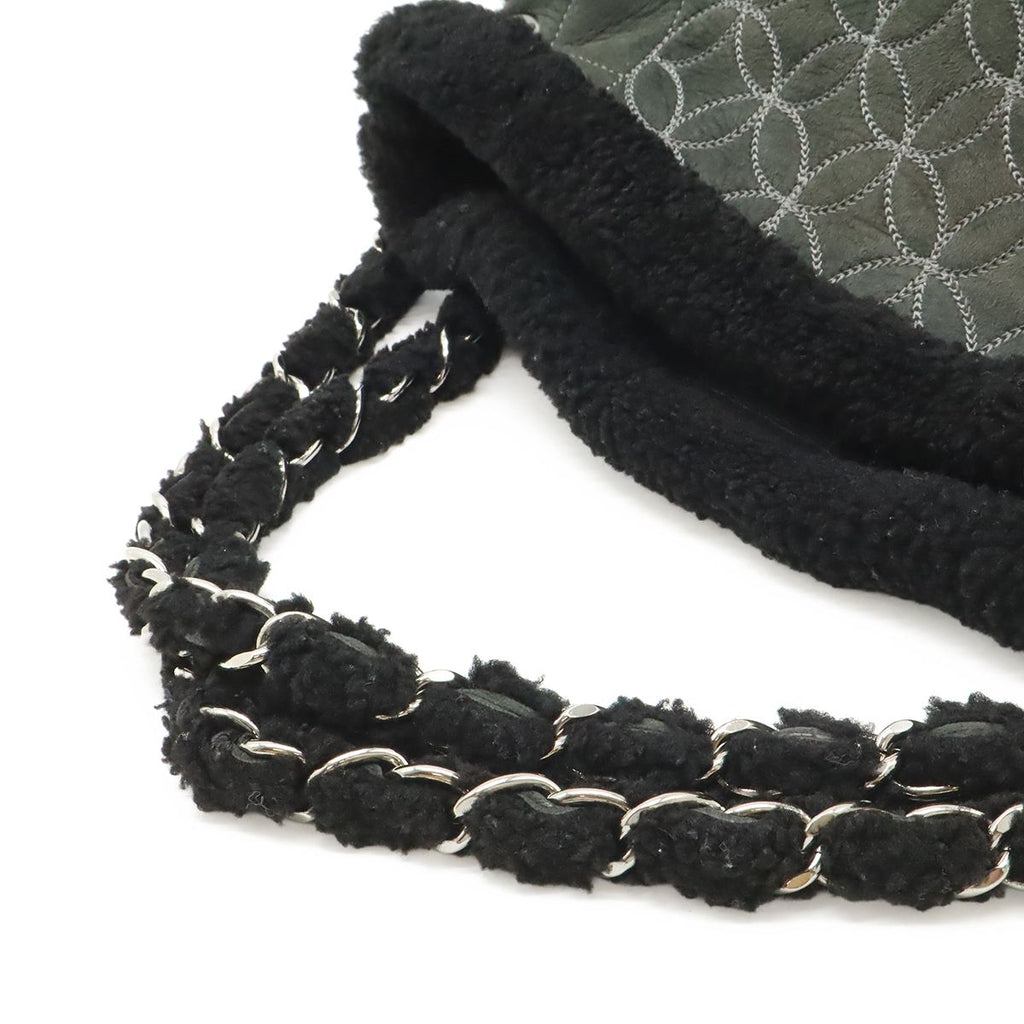 Chanel CC Logo Shearling Chain Shoulder Bag Fleece Leather Gray Black Silver — view 6