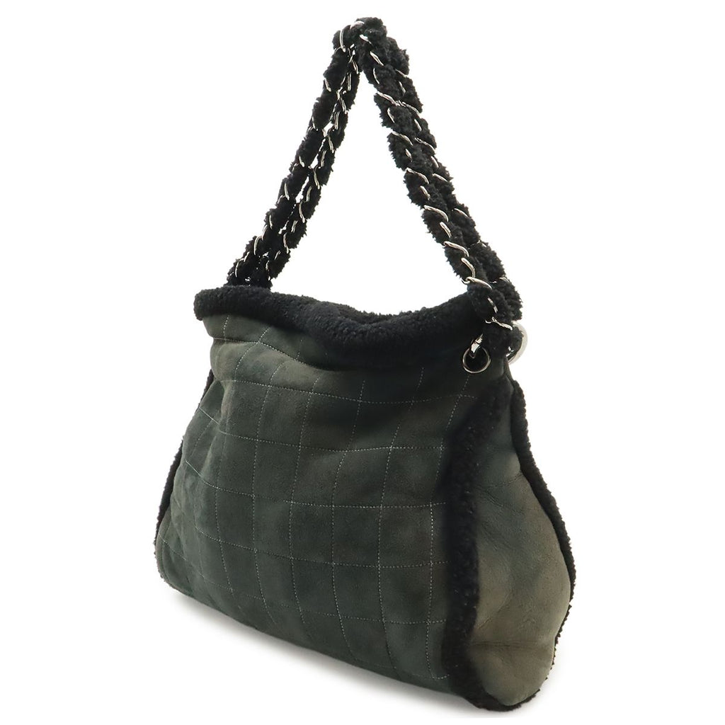 Chanel CC Logo Shearling Chain Shoulder Bag Fleece Leather Gray Black Silver — view 2