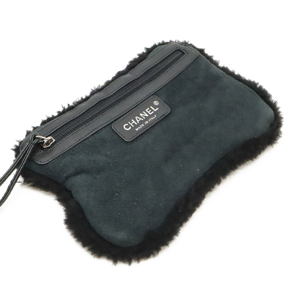Chanel CC Logo Shearling Chain Shoulder Bag Fleece Leather Gray Black Silver — view 9