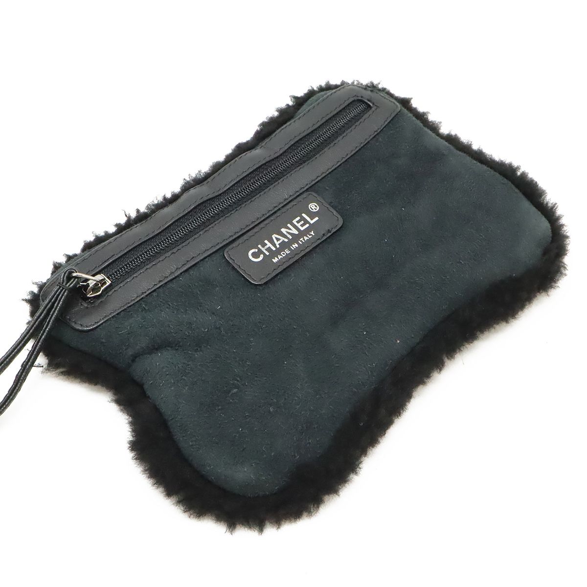 Chanel CC Logo Shearling Chain Shoulder Bag Fleece Leather Gray Black Silver — view 9