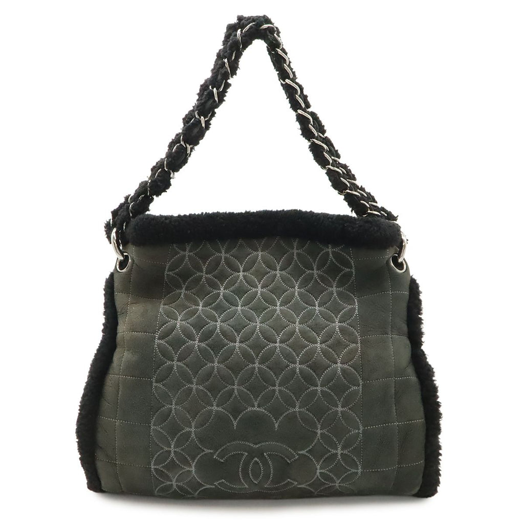 Chanel CC Logo Shearling Chain Shoulder Bag Fleece Leather Gray Black Silver