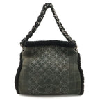 Chanel CC Logo Shearling Chain Shoulder Bag Fleece Leather Gray Black Silver