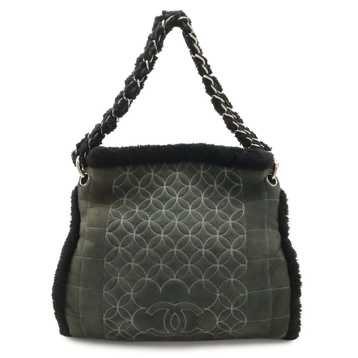 Chanel CC Logo Shearling Chain Shoulder Bag Fleece Leather Gray Black Silver
