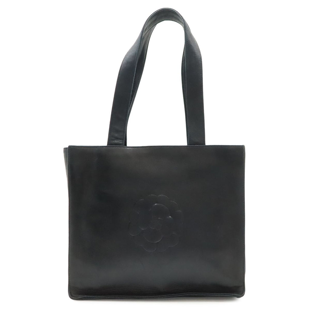 Chanel Camellia CC Logo Tote Shoulder Strap Lambskin Leather Black