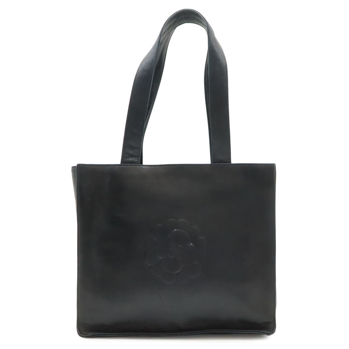 Chanel Camellia CC Logo Tote Shoulder Strap Lambskin Leather Black