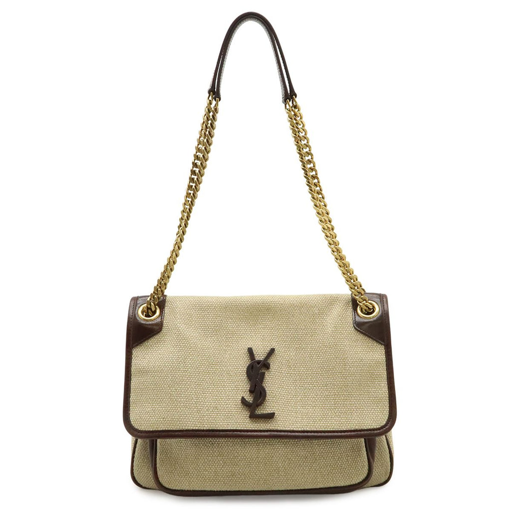 Saint Laurent Paris YSL Niki Chain Shoulder Bag Linen Canvas Beige