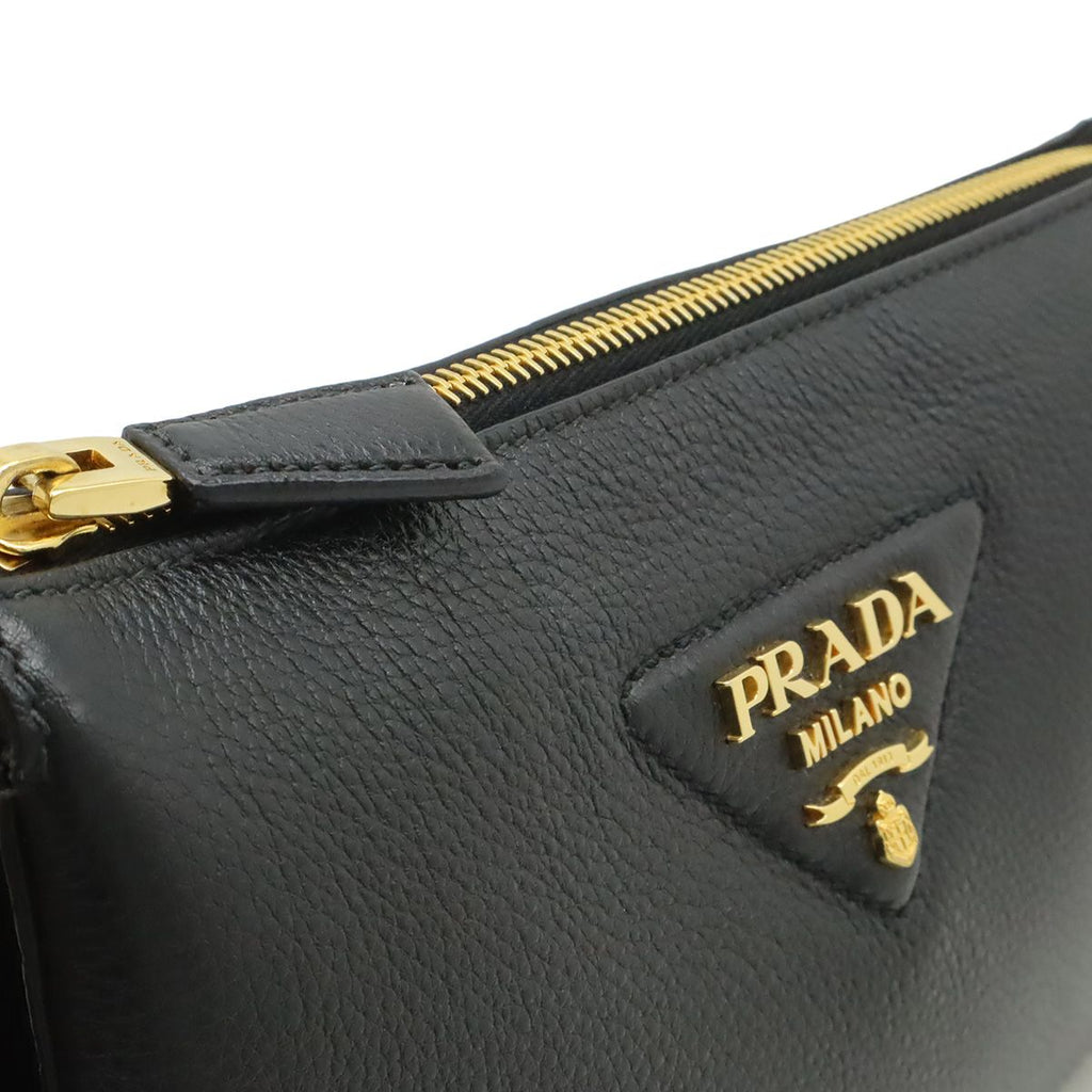 Prada Vitello Daino Logo Shoulder Bag Striped Bag 2-Way Clutch Leather Nero — view 6