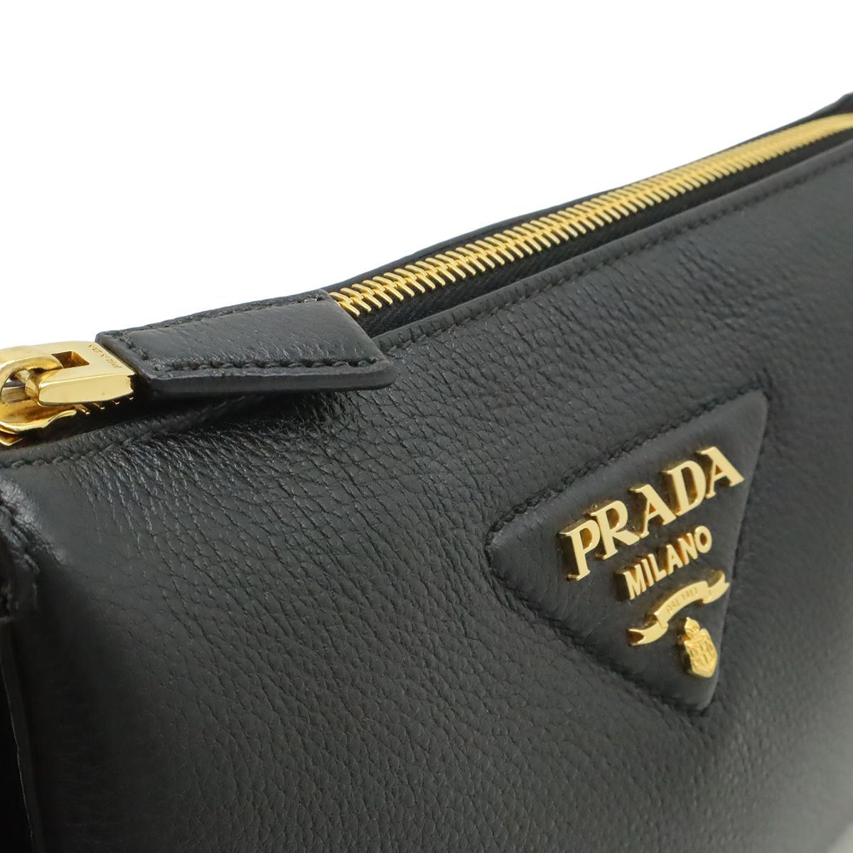 Prada Vitello Daino Logo Shoulder Bag Striped Bag 2-Way Clutch Leather Nero — view 6