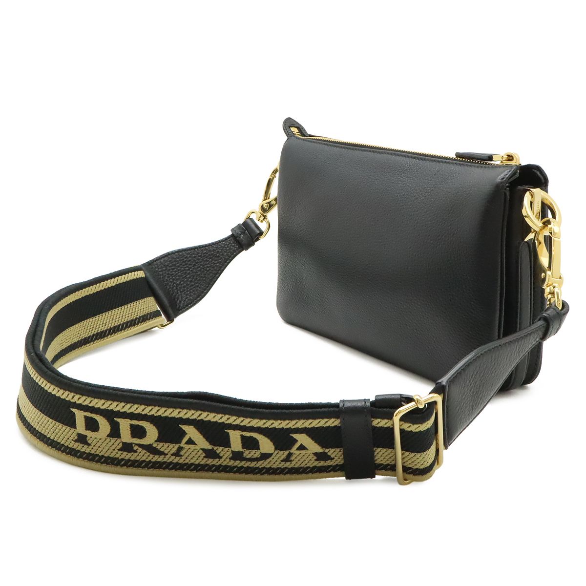 Prada Vitello Daino Logo Shoulder Bag Striped Bag 2-Way Clutch Leather Nero — view 2
