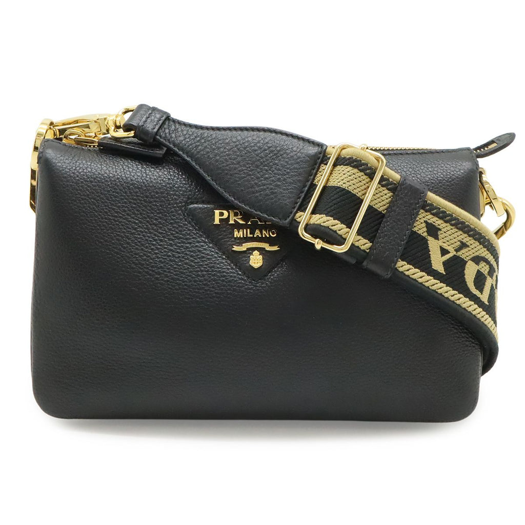 Prada Vitello Daino Logo Shoulder Bag Striped Bag 2-Way Clutch Leather Nero