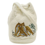 Hermes Shoulder Bag Drawstring Leopard Print Embroidery Cotton Pile White